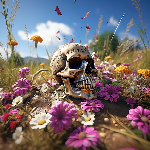 Gratis foto portret van menselijk skeletschedel met bloemen
