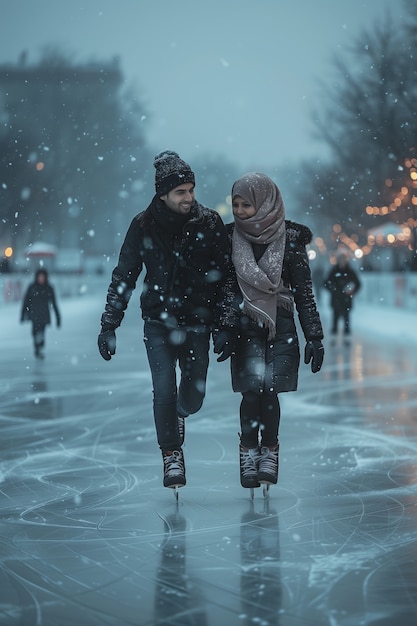 Gratis foto portret van mensen die in de winter buiten schaatsen