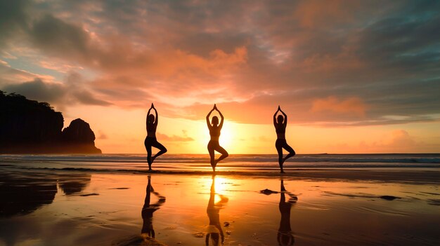 Portret van mensen die yoga beoefenen op het strand bij zonsondergang