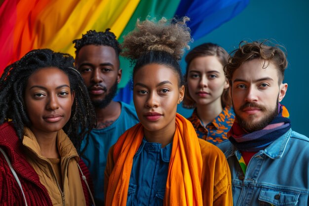 Portret van mensen met een kleurrijke regenboog van hun gedachten en hersenen op blauwe achtergrond