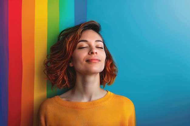 Gratis foto portret van mensen met een kleurrijke regenboog van hun gedachten en hersenen op blauwe achtergrond