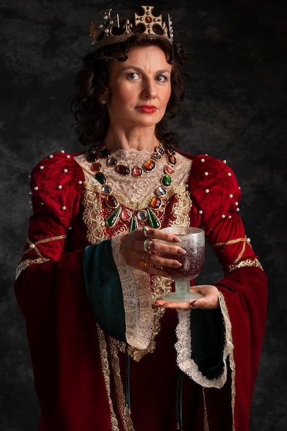 Gratis foto portret van middeleeuwse koningin met kelk en drankje