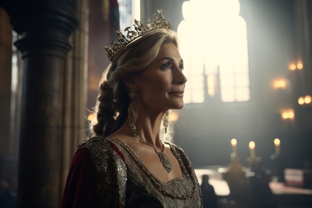 Gratis foto portret van middeleeuwse koningin met kroon op haar hoofd