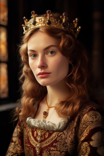 Portret van middeleeuwse koningin met kroon op haar hoofd