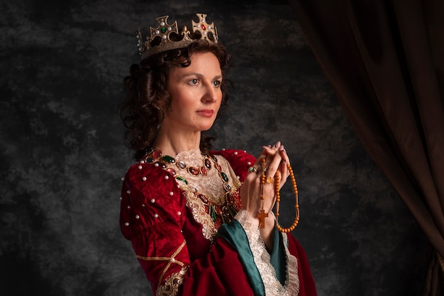 Gratis foto portret van middeleeuwse koningin met rozenkrans