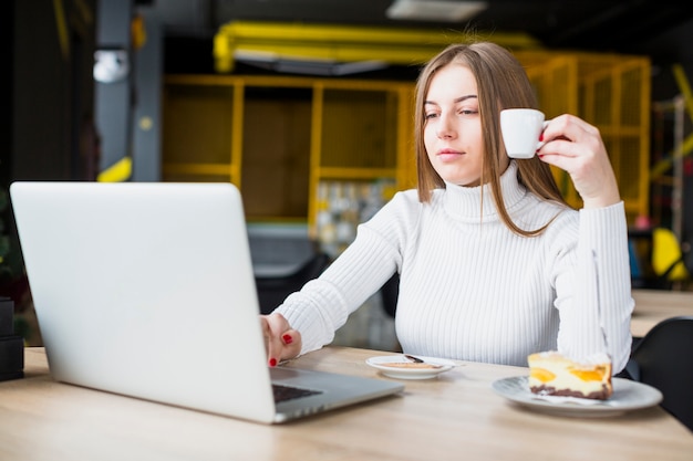 Portret van moderne vrouw die met laptop werkt