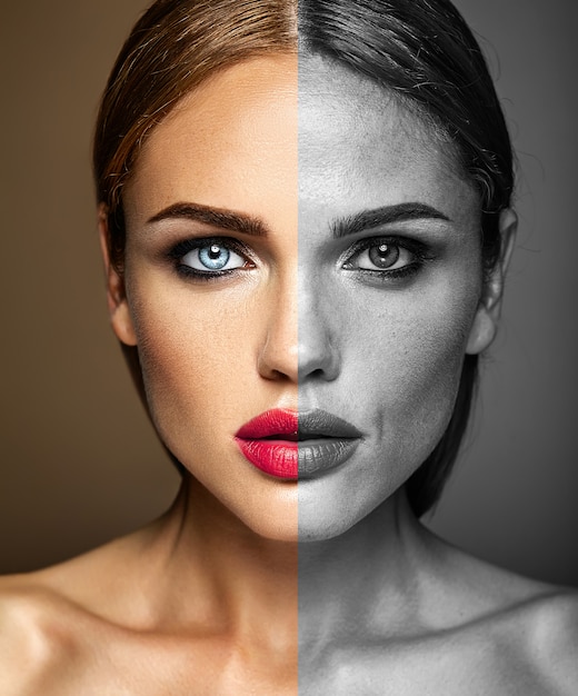 Gratis foto portret van mooie vrouw model, voor en na retoucheren