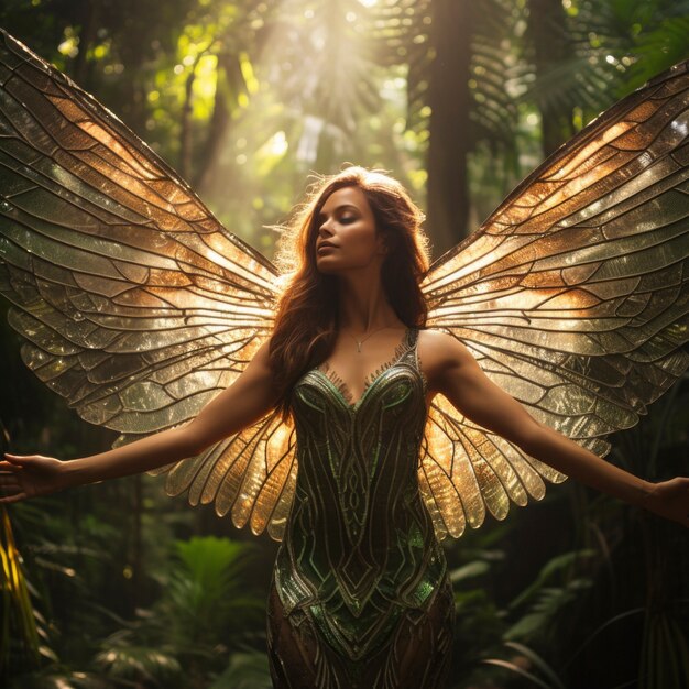 Portret van mythische feevrouw met vleugels