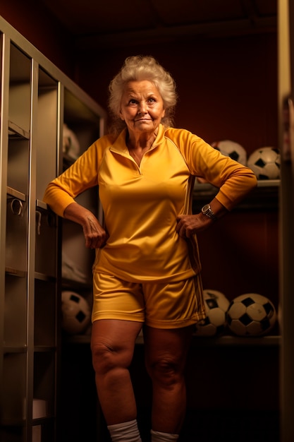 Gratis foto portret van oude oma gekleed in voetbalkleding