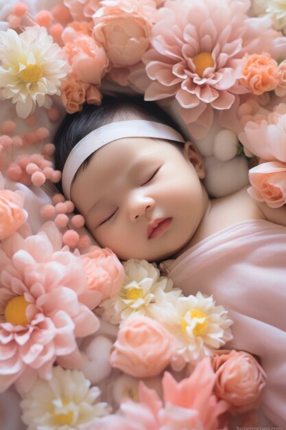 Portret van pasgeboren baby met bloemen