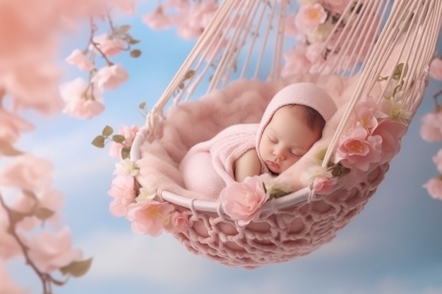 Portret van pasgeboren baby met bloemen