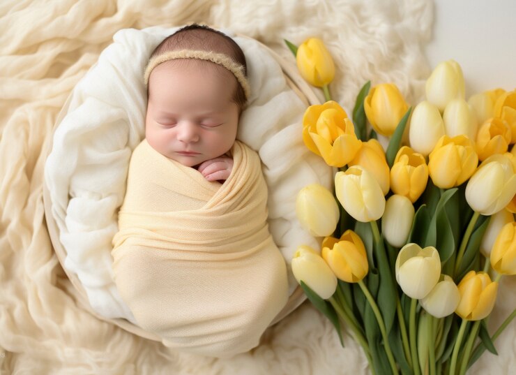 Gratis Foto portret van pasgeboren baby met bloemen