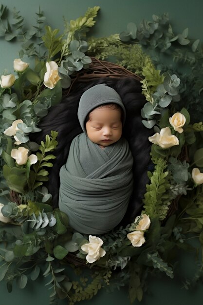 Portret van pasgeboren baby met bloemen