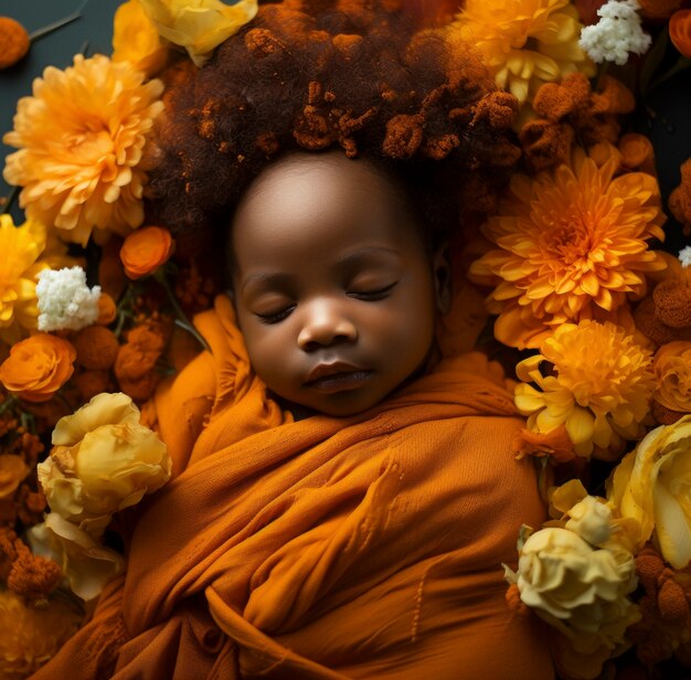 Portret van pasgeboren baby met bloemen