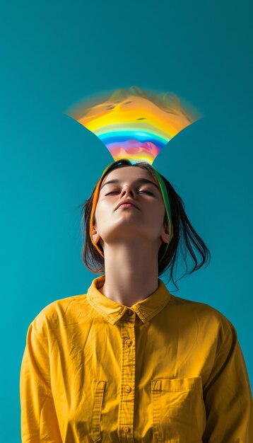 Portret van persoon met regenboogkleuren die gedachten van het ADHD-brein symboliseren