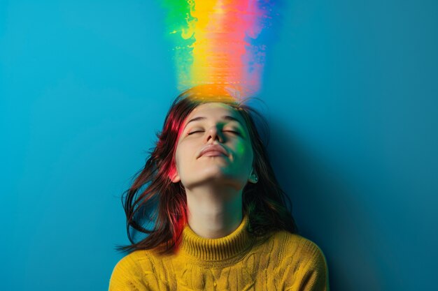 Portret van persoon met regenboogkleuren die gedachten van het ADHD-brein symboliseren