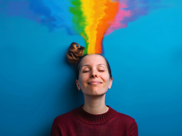 Portret van persoon met regenboogkleuren die gedachten van het ADHD-brein symboliseren