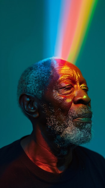 Portret van persoon met regenboogkleuren die gedachten van het ADHD-brein symboliseren