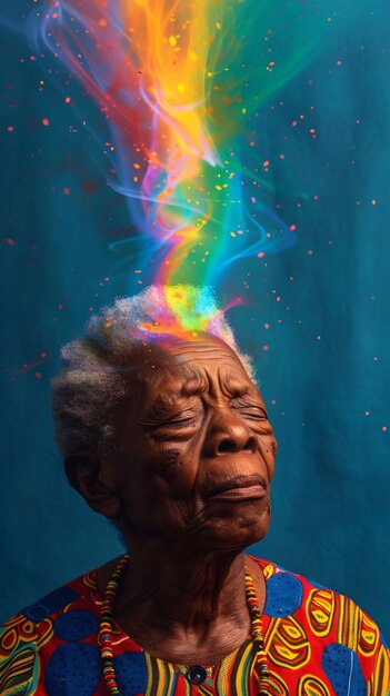 Portret van persoon met regenboogkleuren die gedachten van het ADHD-brein symboliseren