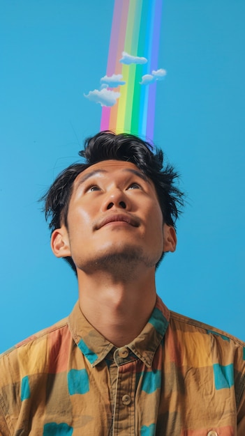 Portret van persoon met regenboogkleuren die gedachten van het ADHD-brein symboliseren