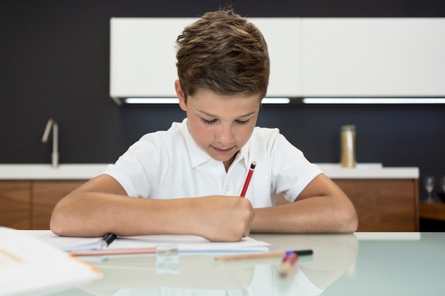 Portret van schattige jonge jongen huiswerk