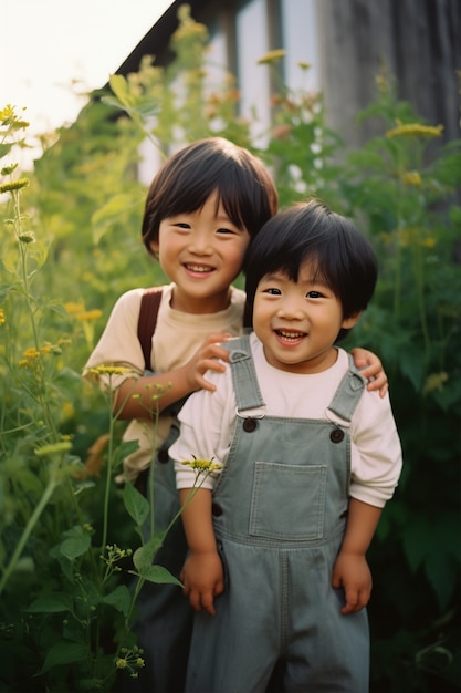 Portret van schattige kinderen in de tuin