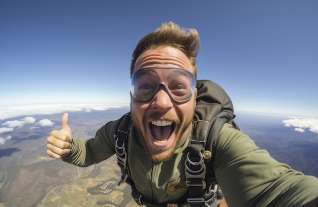 Gratis foto portret van smiley man met parachute