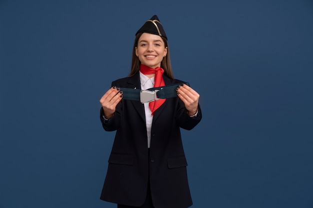 Portret van stewardess met veiligheidsgordel