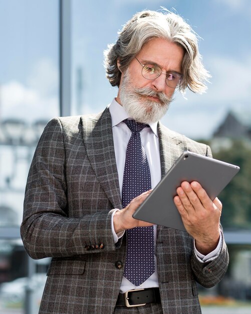 Portret van stijlvolle bebaarde man met tablet