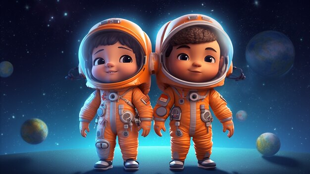 Gratis foto portret van twee kinderastronauten in ruimtepakken