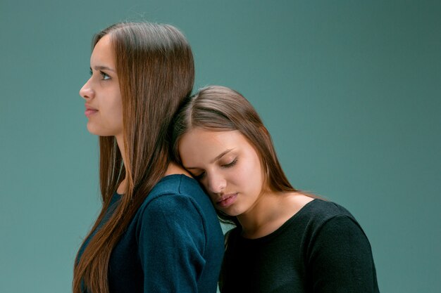 Portret van twee prachtige tweeling jonge vrouwen