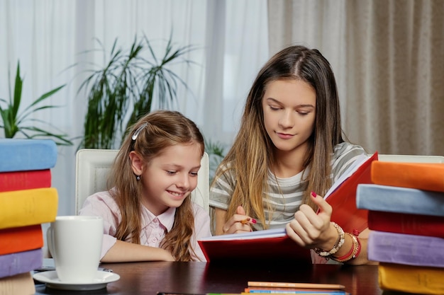 Portret van twee vriendinnen studeren aan de tafel met veel boeken.