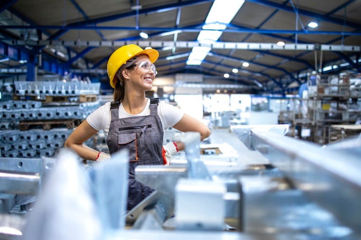 Gratis Foto portret van vrouwelijke fabrieksarbeider die opzij kijkt