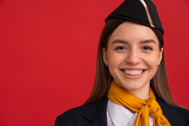 Gratis foto portret van vrouwelijke stewardess met kopieerruimte