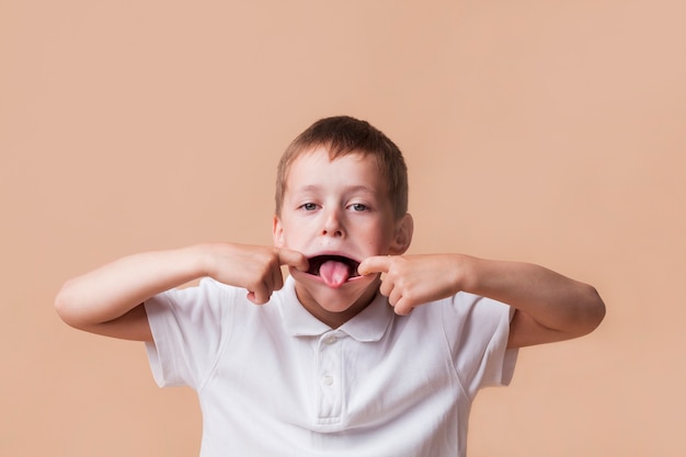 Portret van weinig jongen die camera en het plagen bekijkt