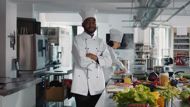 Portret van zelfverzekerde chef-kok die in de keuken van het restaurant zit om een authentiek gerecht met groenten en vlees te koken. Gelukkig man koken heerlijk maaltijd recept met professionele keukengerei. Food Service.