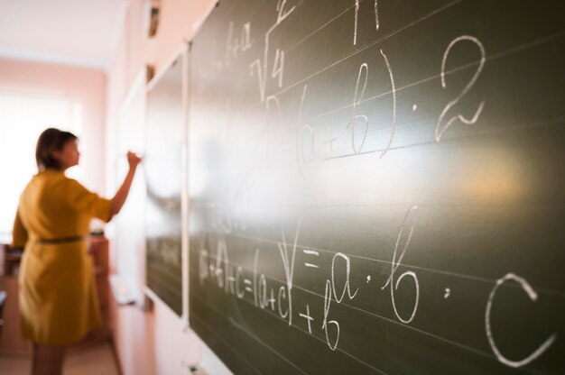 Portretleraar die op schoolbord schrijft