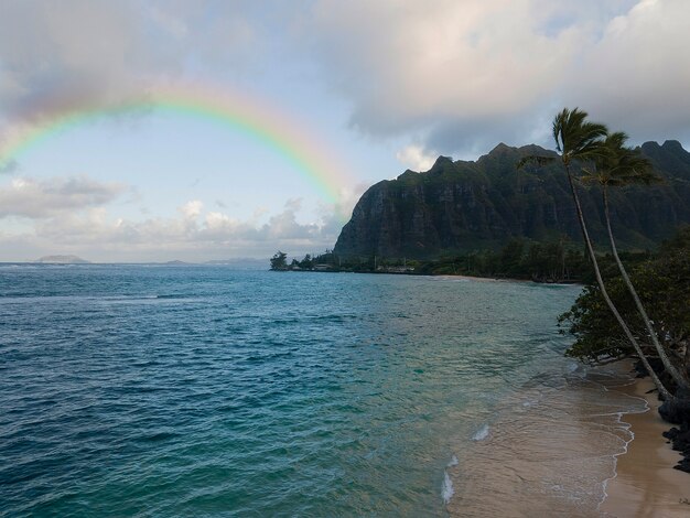 Prachtig landschap met regenboog en zee