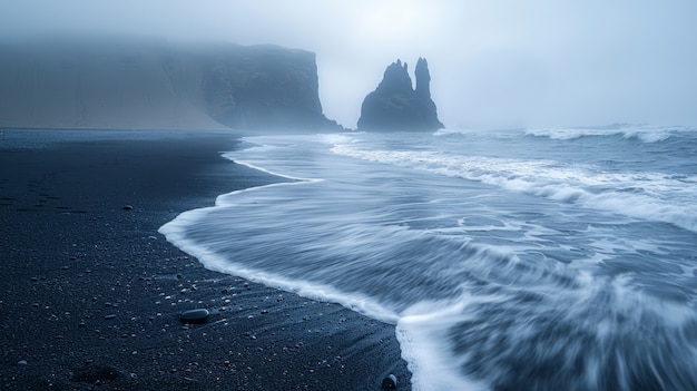 Gratis foto prachtig natuurgebied met zwart zandstrand en oceaan