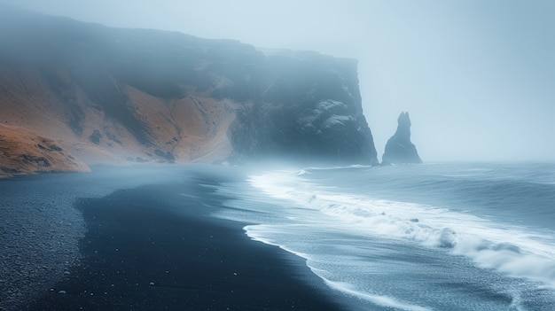 Gratis foto prachtig natuurgebied met zwart zandstrand en oceaan