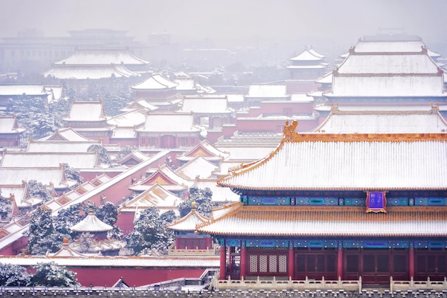 Prachtig shot van de eerste sneeuw in het Gugong-paleis in Beijing