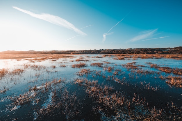 Gratis foto prachtig uitzicht op een vijver omgeven door rotsachtige kliffen gevangen in oostkapelle, nehterlands