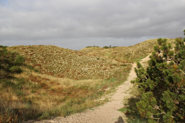 Prachtig uitzicht op een weg die door de verlaten heuvels gaat die onder de bewolkte hemel worden gevangen