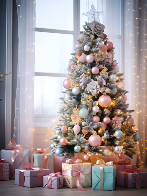 Prachtig versierde kerstboom binnen
