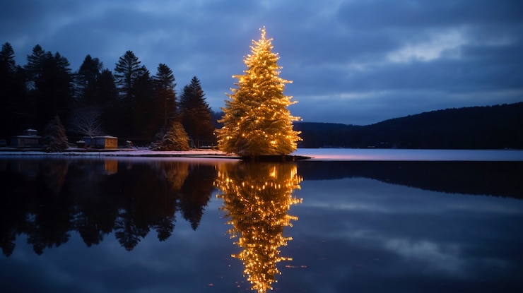 Gratis Foto prachtige kerstboom aan het meer