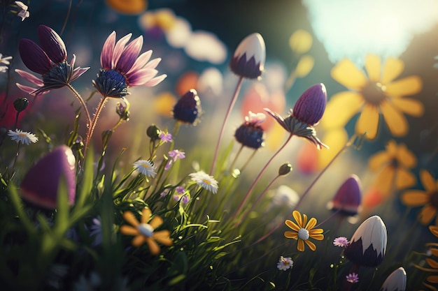 Prachtige lente bloemen in de wei bij zonsondergang Natuur achtergrond