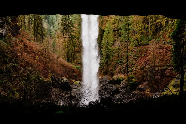 Prachtige waterval in een rotsachtig bos omgeven door groen