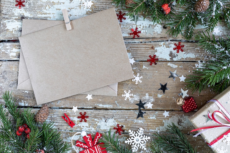 Gratis Foto prettige kerstdagen en gelukkige feestdagen wenskaart, frame, banner. nieuwjaar. nieuwjaarskaart met sneeuw op houten achtergrond. winter xmas vakantie thema. plat leggen.