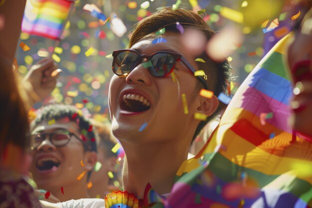 Pride-scene met regenboogkleuren en mannen die hun seksualiteit vieren