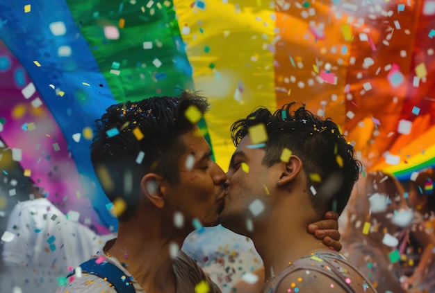 Gratis foto pride-scene met regenboogkleuren en mannen die hun seksualiteit vieren
